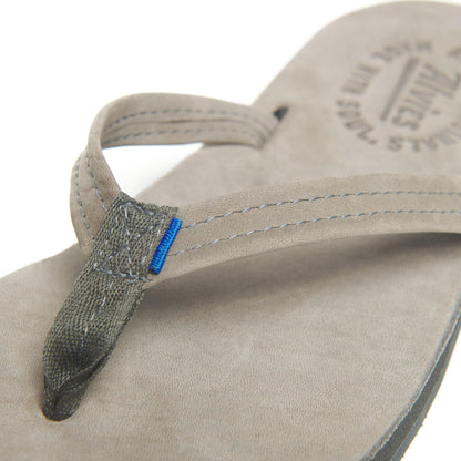 Close-up of suede flip-flop strap with gray top and blue accent tag