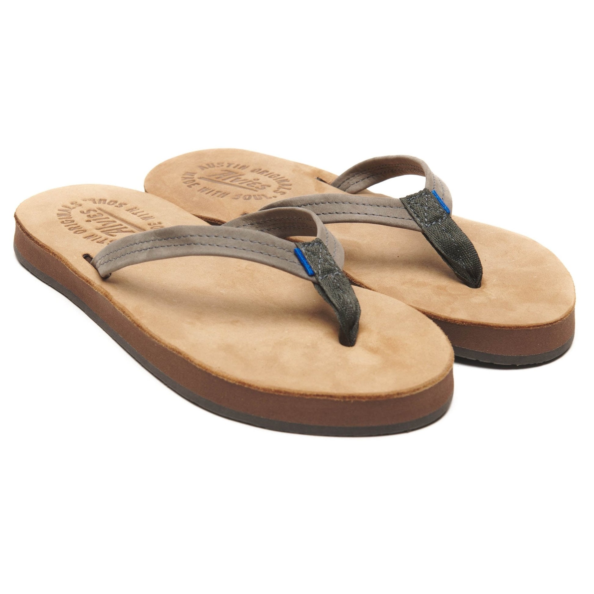 Tan flip-flop sandals with gray straps and blue accents, showing pair from above