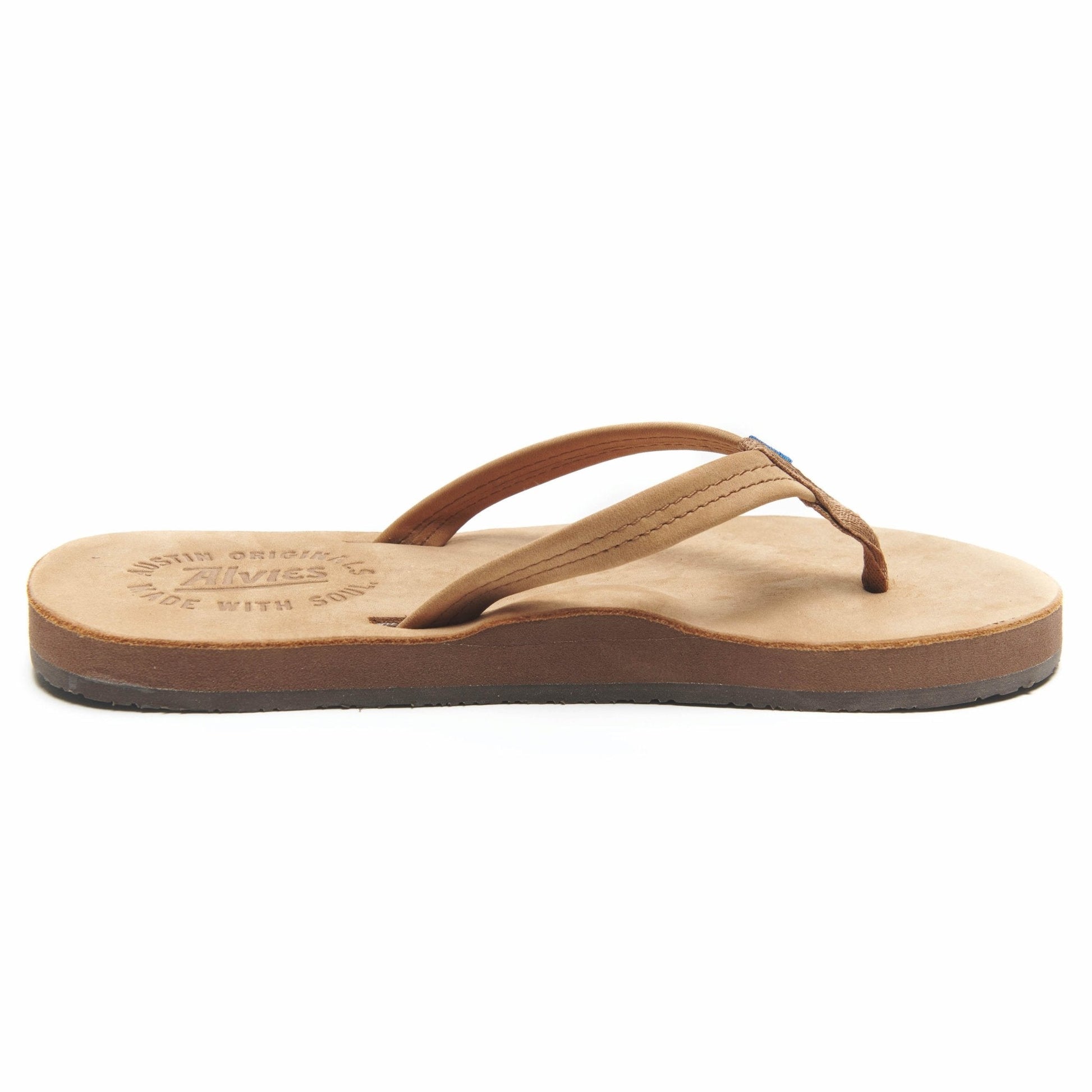 Tan thong sandals with brown rubber sole, side view on white background