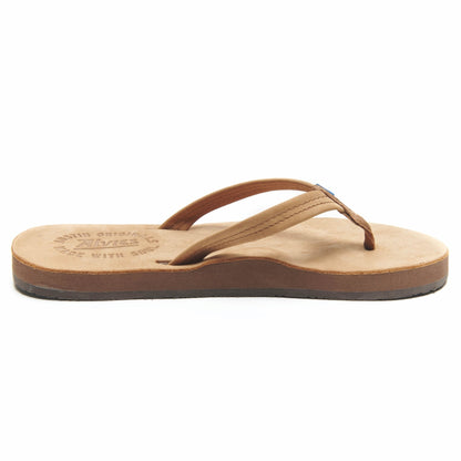 Tan thong sandals with brown rubber sole, side view on white background