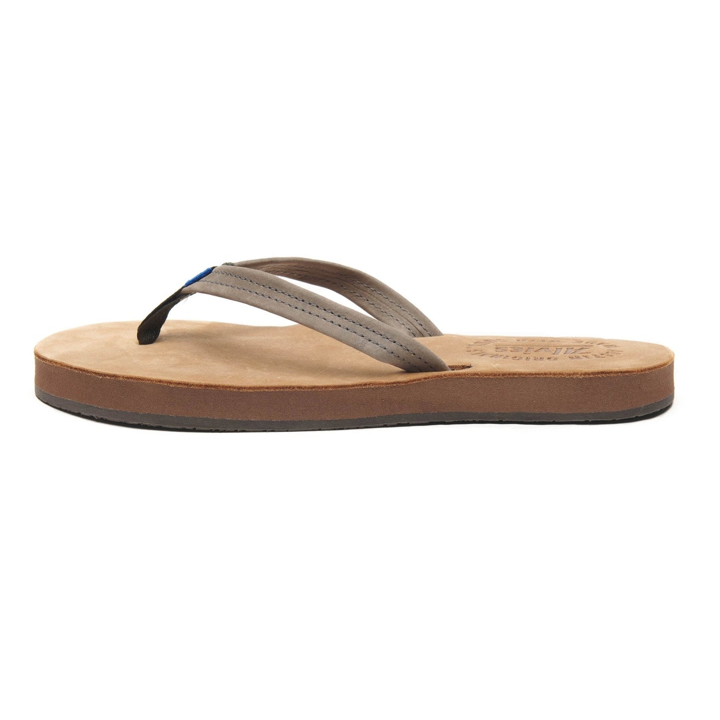 Tan and gray flip-flop sandals with textured footbed and dark outsole