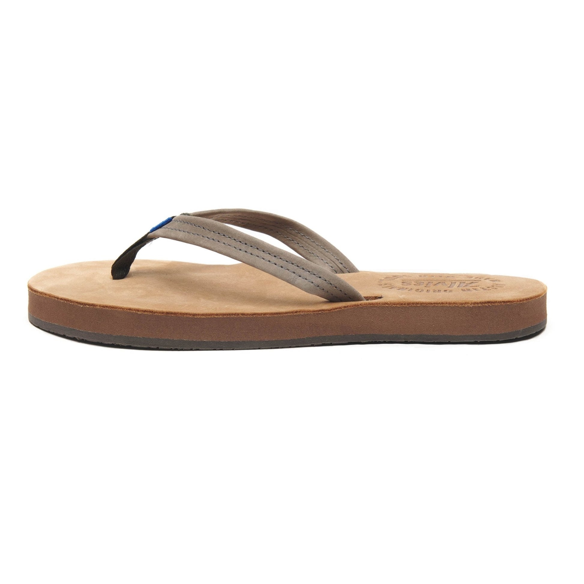 Tan and gray flip-flop sandals with textured footbed and dark outsole
