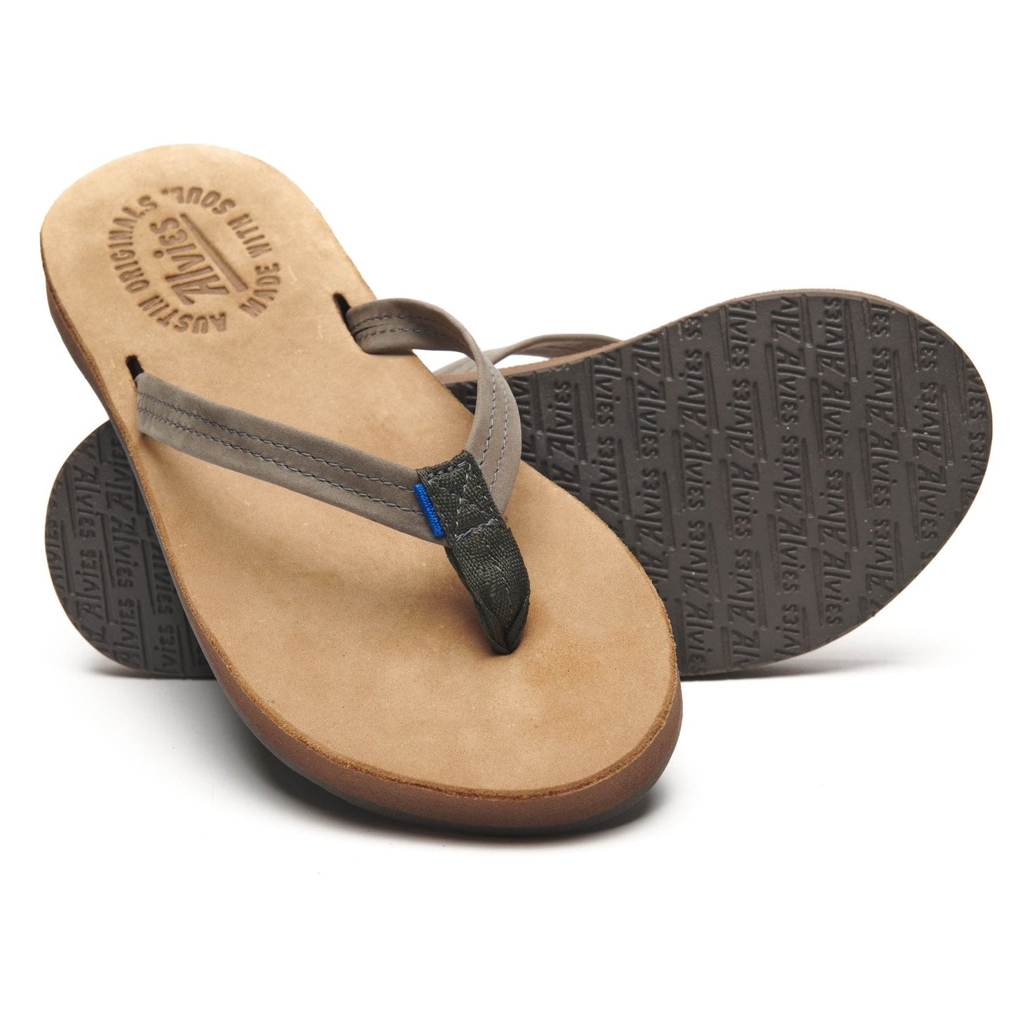 Gray flip-flops with blue-tagged thong strap and tan insole, angled view