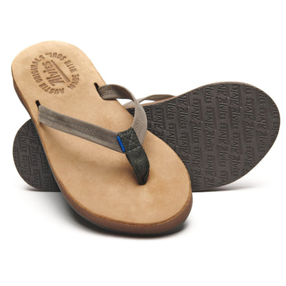 Gray flip-flops with blue-tagged thong strap and tan insole, angled view