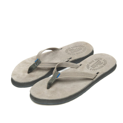 Pair of suede thong sandals with gray rubber soles and branded footbeds