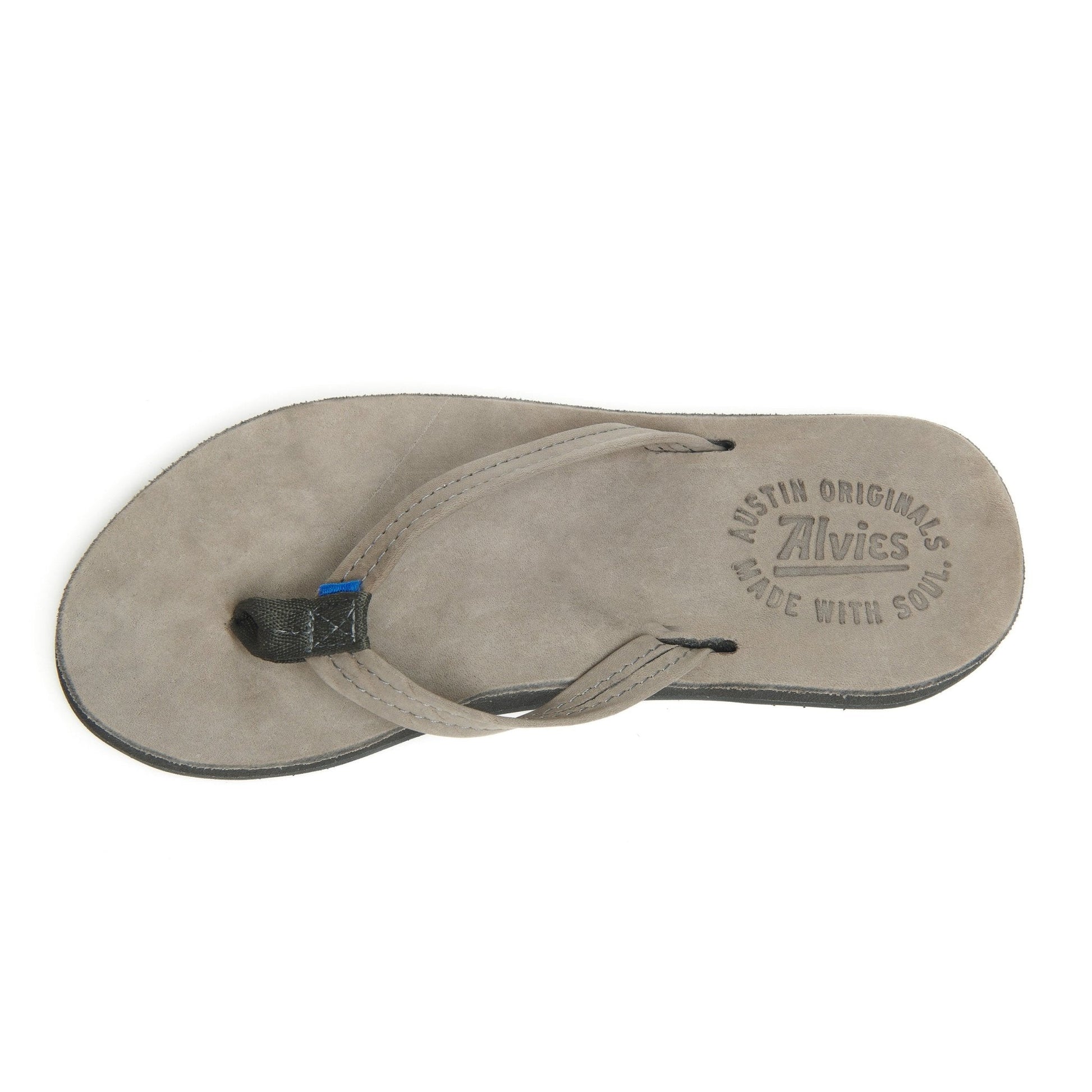 Gray flip-flops with thong strap and textured sole; Austin Originals logo on footbed.