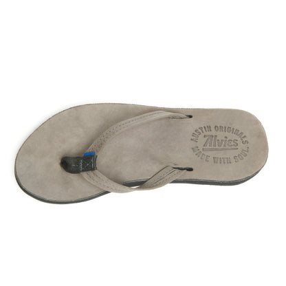Gray flip-flops with thong strap and textured sole; Austin Originals logo on footbed.