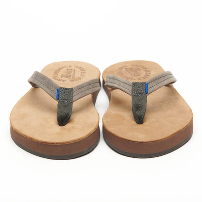 Gray thong flip-flops with blue accent straps and brown rubber sole pair
