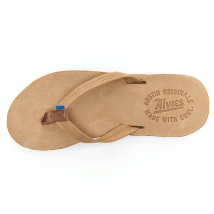 Tan flip-flop top view with embossed logo and toe strap with blue tab