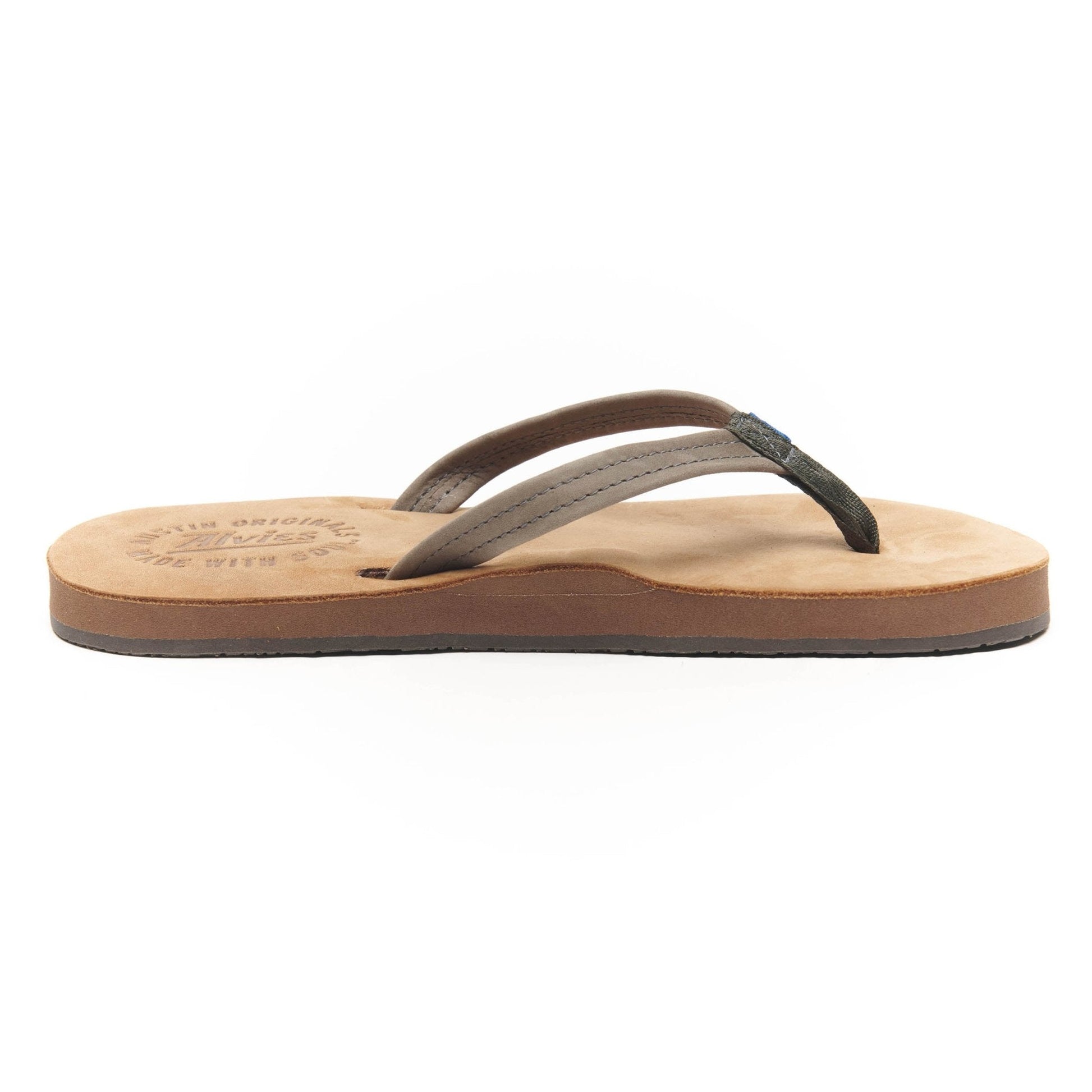 Gray flip-flop sandals with tan footbed and brown rubber outsole, side angle