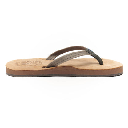 Gray flip-flop sandals with tan footbed and brown rubber outsole, side angle