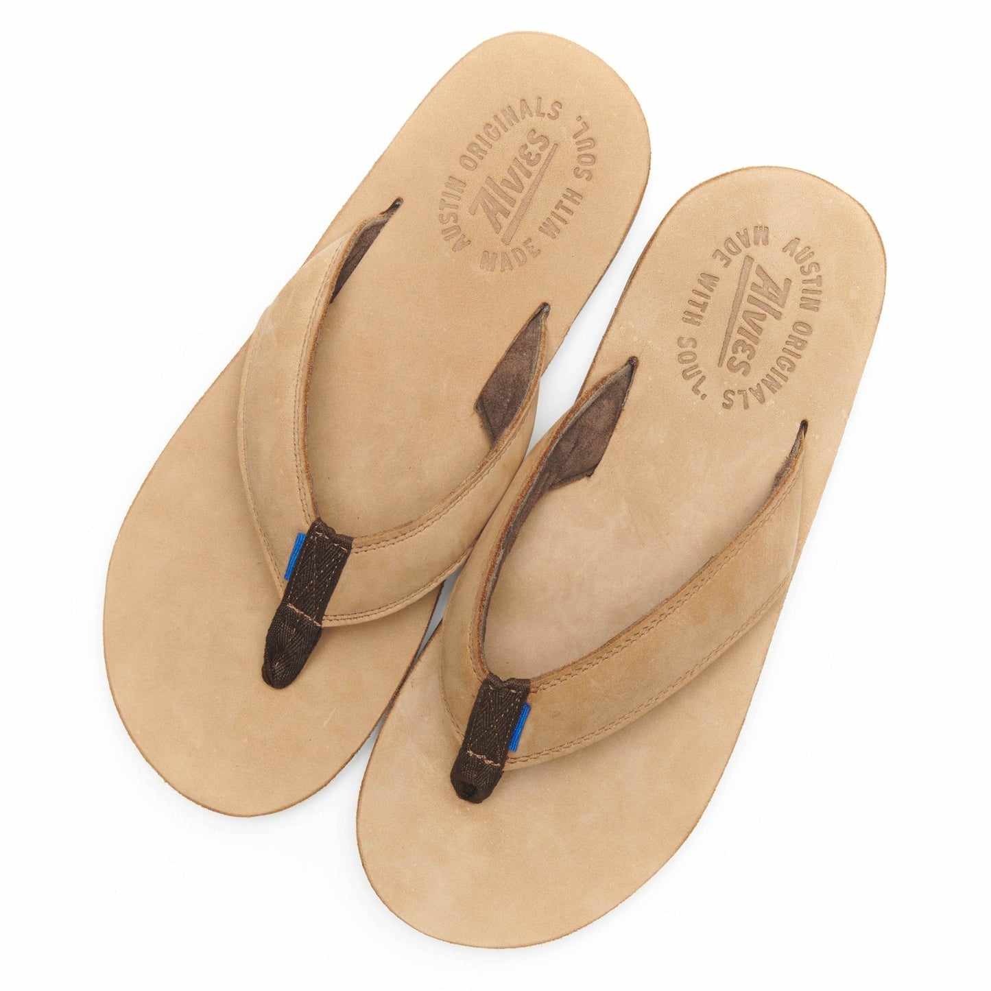 Tan flip-flops set with printed insoles and dark straps with blue accents