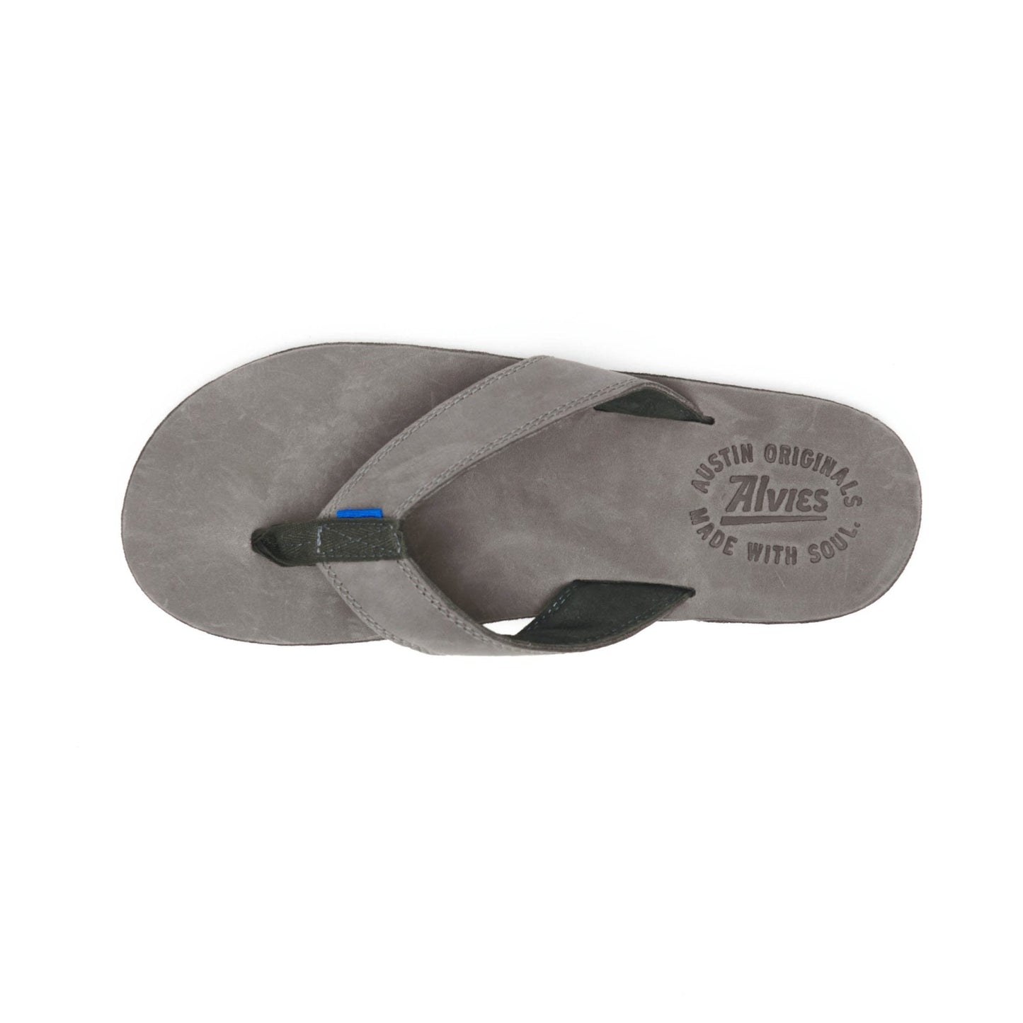 Gray flip-flops with cutout toe opening and logo on one footbed