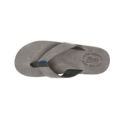 Gray flip-flops with cutout toe opening and logo on one footbed