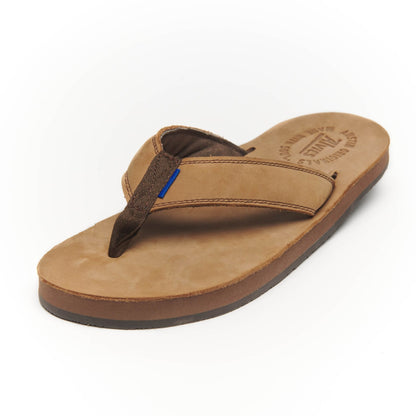 Tan flip-flop sandal with dark V-thong strap and blue accent stitch