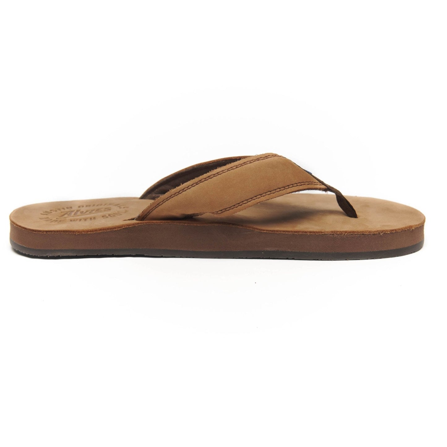 Tan suede flip-flops with black thong straps and brown rubber sole edge.