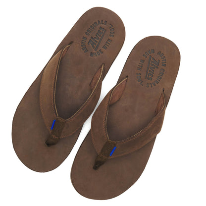 Pair of brown suede flip-flops with textured soles and thong toe posts