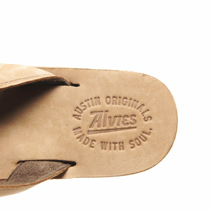 Tan flip-flop outsole with “Austin Originals” branding and “Made with Soul” text