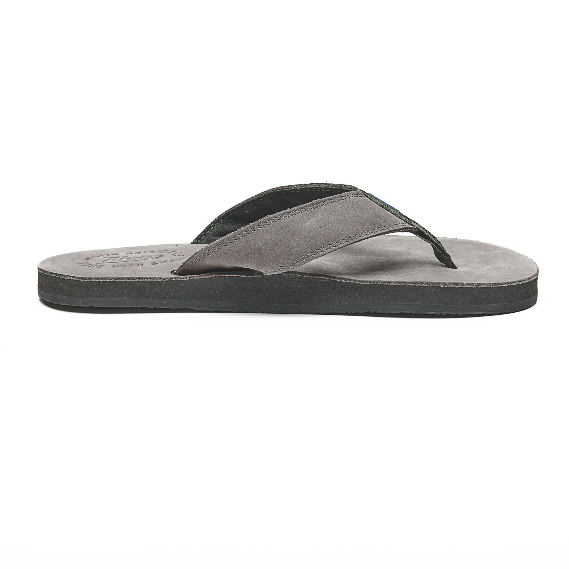 Gray flip-flops with black sole edge and wide top strap, angled view