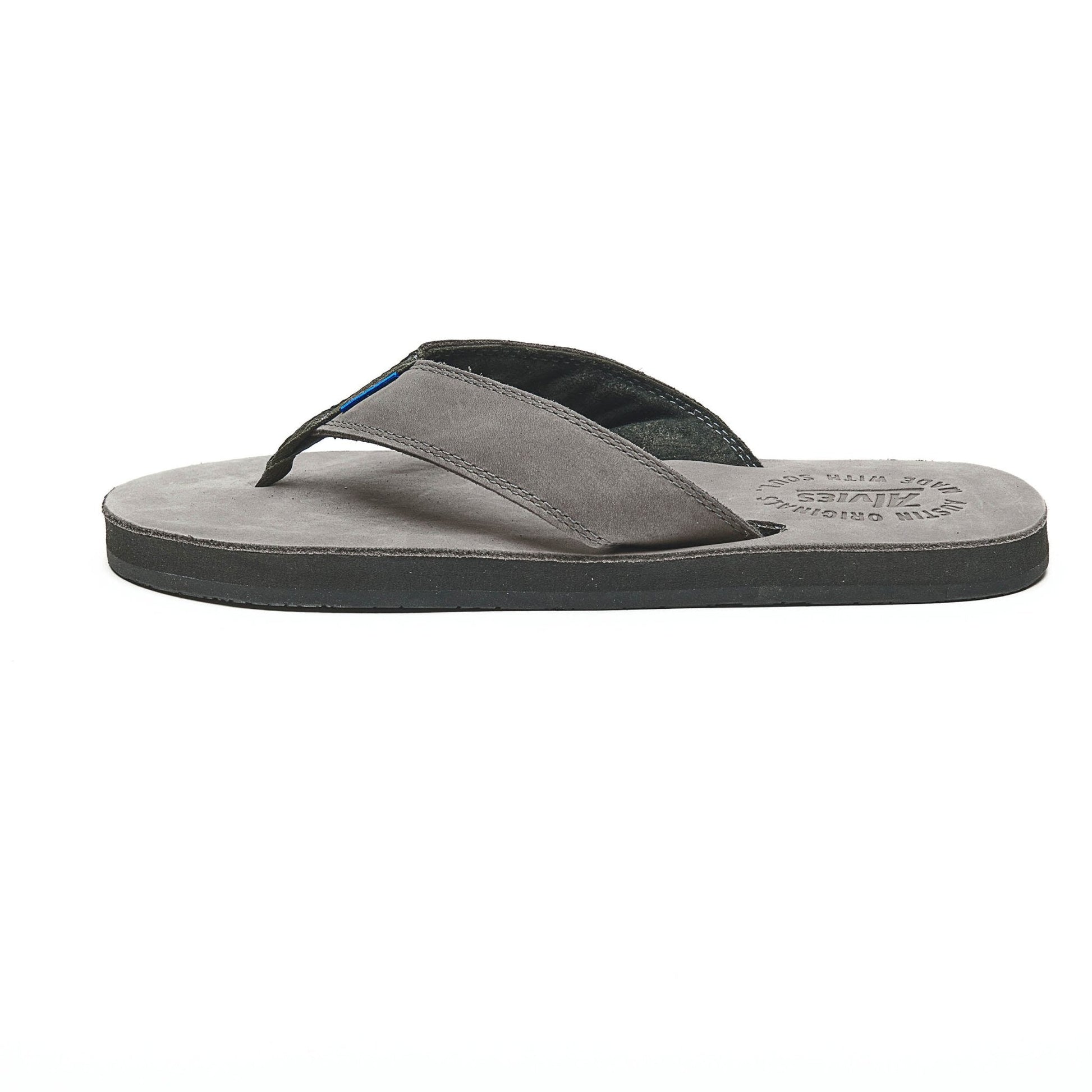 Gray thong sandals with padded top strap and black inner footbed, side view