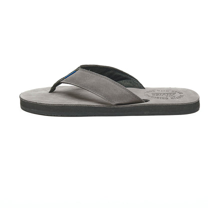 Gray thong sandals with padded top strap and black inner footbed, side view