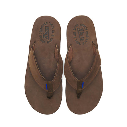 Pair of brown suede flip-flops with blue stitch detail