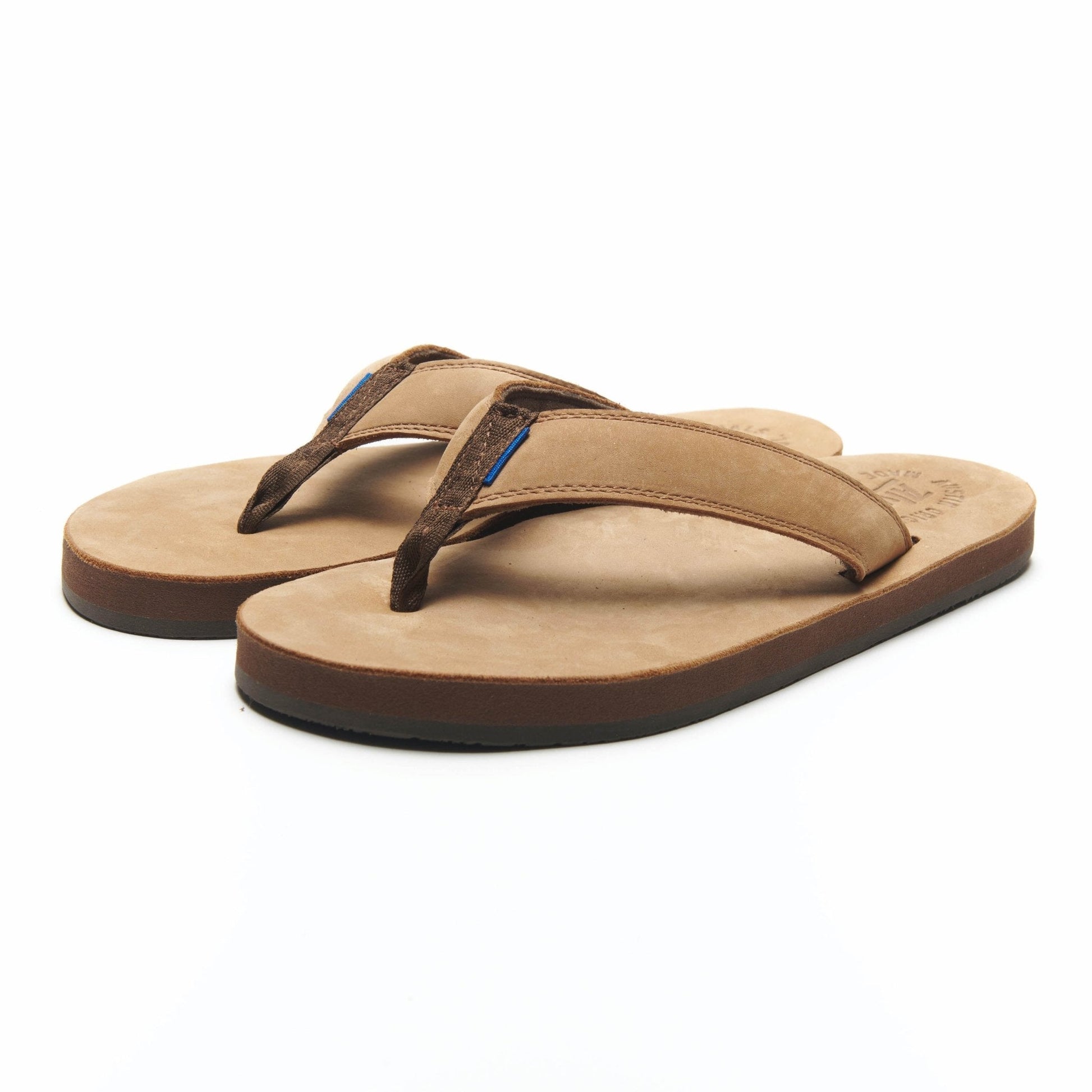 Pair of tan flip-flop sandals with brown V-thong straps