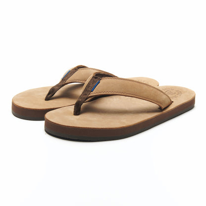Pair of tan flip-flop sandals with brown V-thong straps