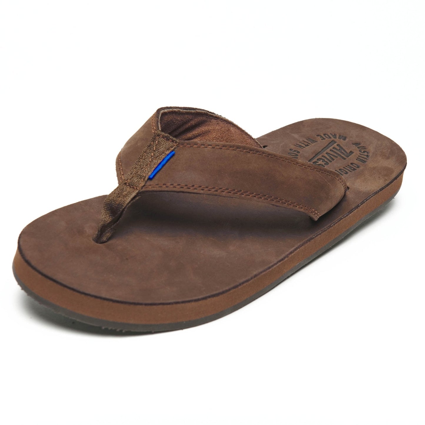 Brown suede flip-flops with toe post and thong straps, blue accents on strap