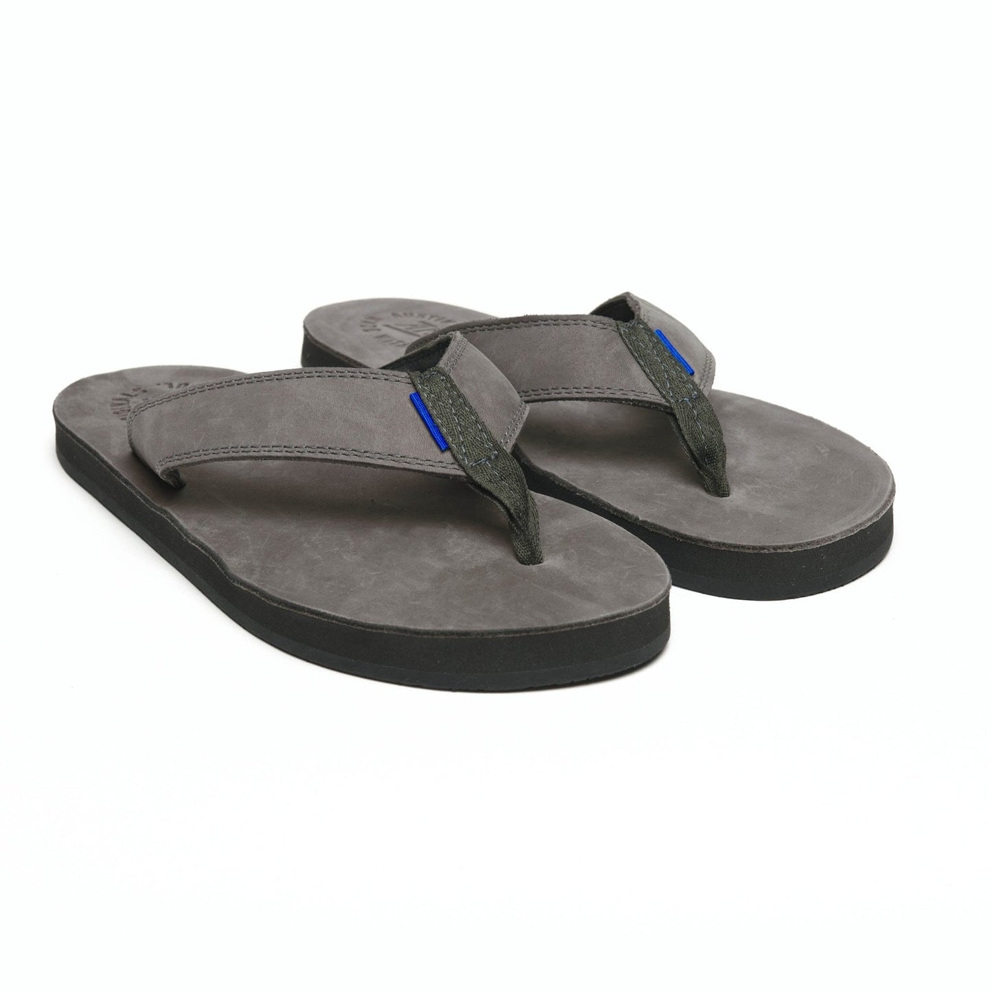 Gray flip-flops with two-tone straps and black sole, laid flat side-by-side