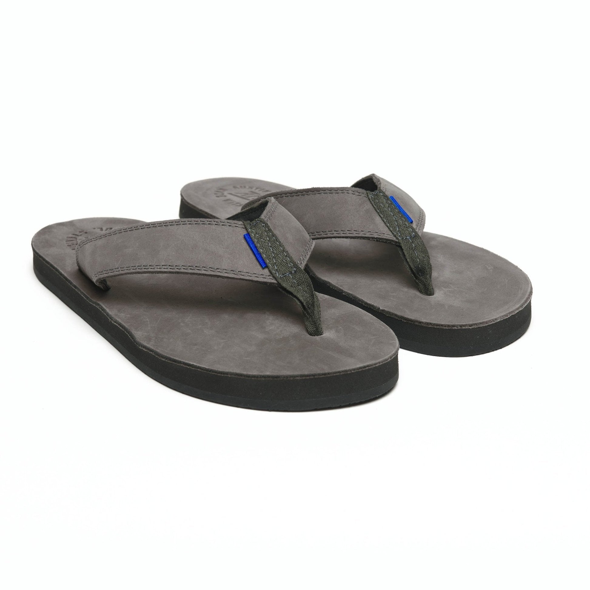 Gray flip-flops with two-tone straps and black sole, laid flat side-by-side