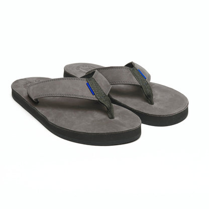Gray flip-flops with two-tone straps and black sole, laid flat side-by-side