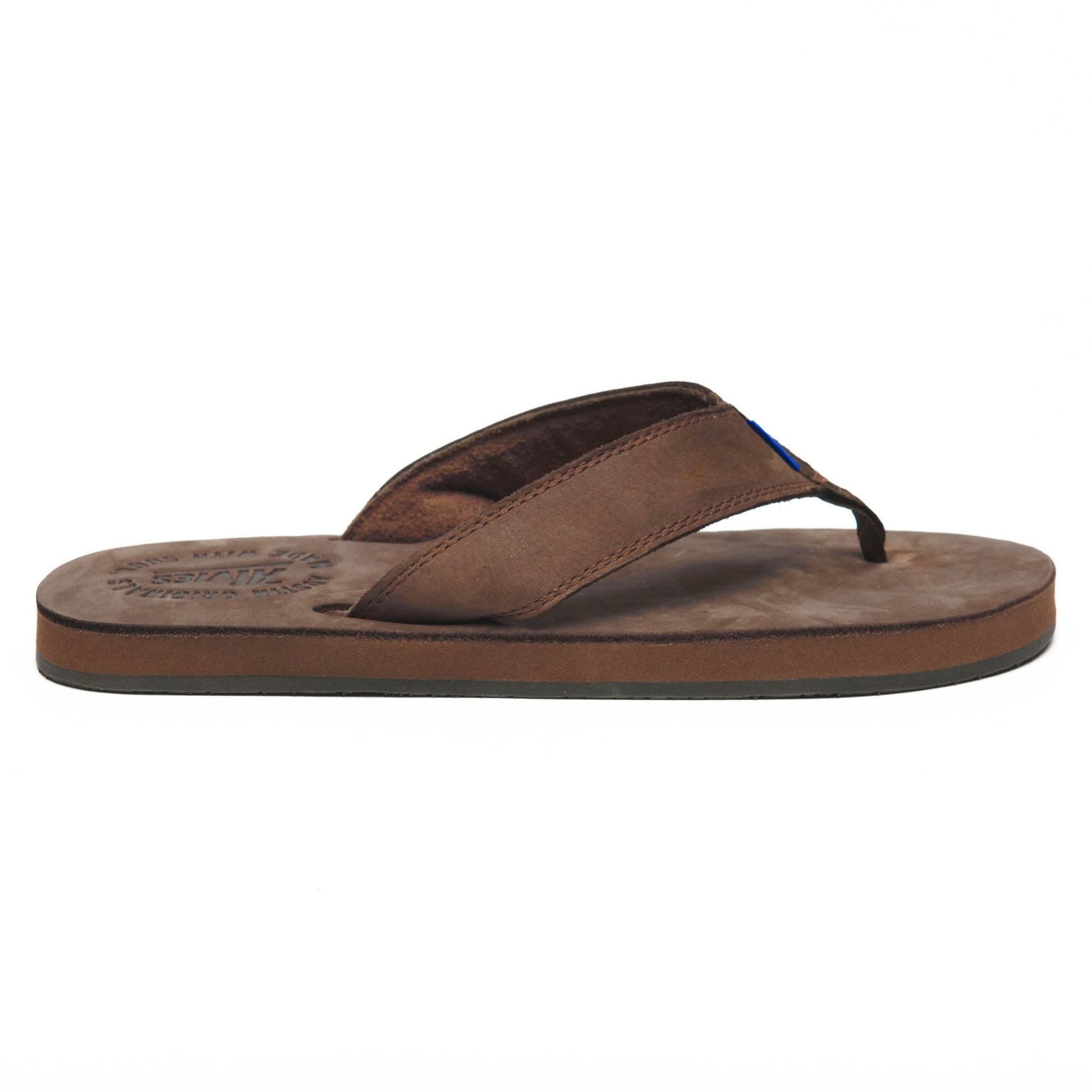 Brown suede flip-flops, single thong strap with toe post, stitched upper edge