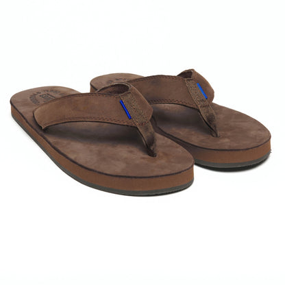 Brown flip-flops with blue stitch accents, pair view