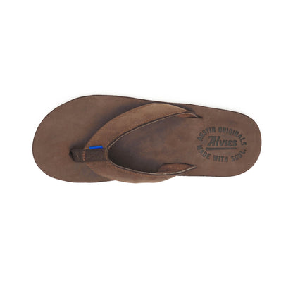 Brown flip-flop sole and thong strap, side view with blue accent