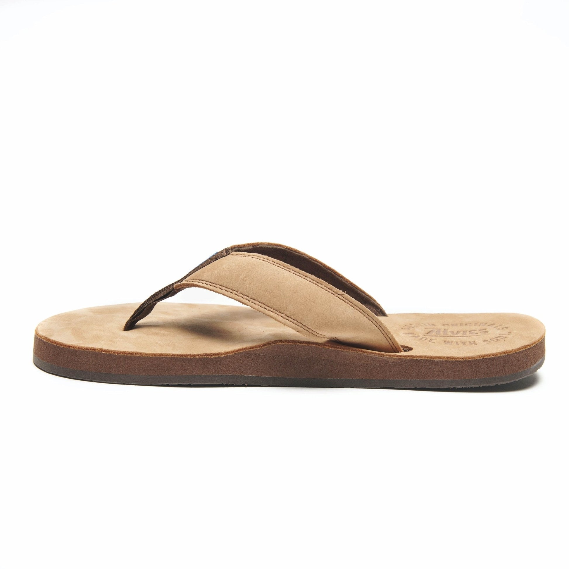 Tan flip-flop sandal with brown thong strap and textured footbed