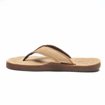 Tan flip-flop sandal with brown thong strap and textured footbed