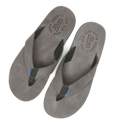 Gray suede flip-flops with black thong straps and blue accent, top view pair
