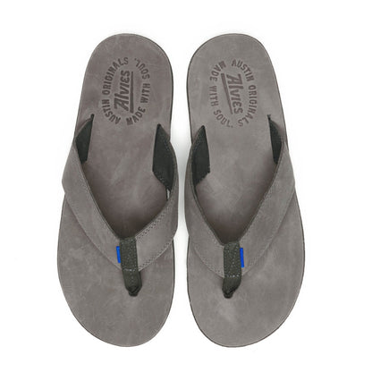 Gray suede flip-flops with black thong strap and blue accent on the straps