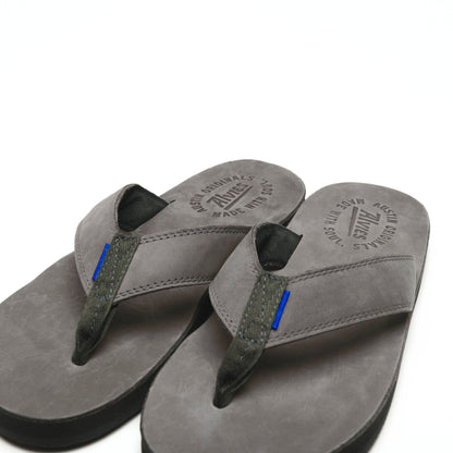 Gray flip-flops pair with black thongs, visible logo on the footbeds