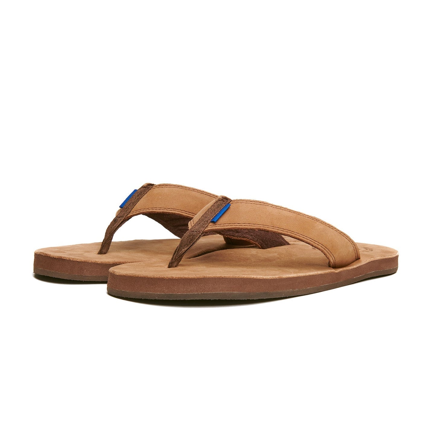 Tan thong flip-flops with dark straps and blue accents, cushioned footbed