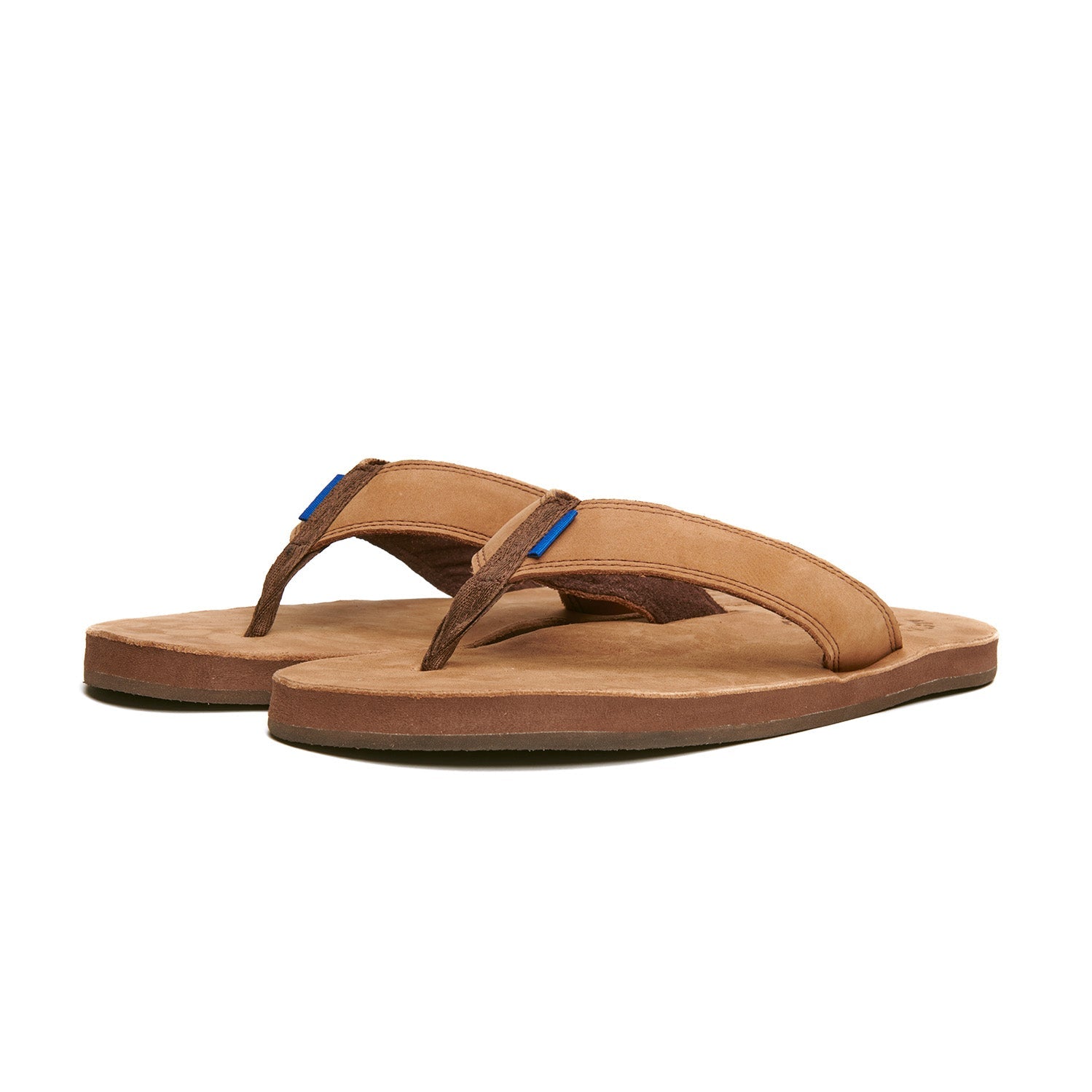 Tan thong flip-flops with dark straps and blue accents, cushioned footbed