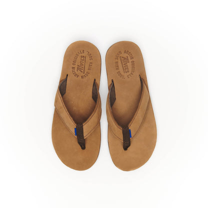 Pair of tan suede flip-flops with black thong straps and blue stitch accents.