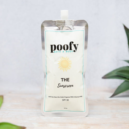 Sunscreen pouch with white label, SPF 30, and flip-top spout