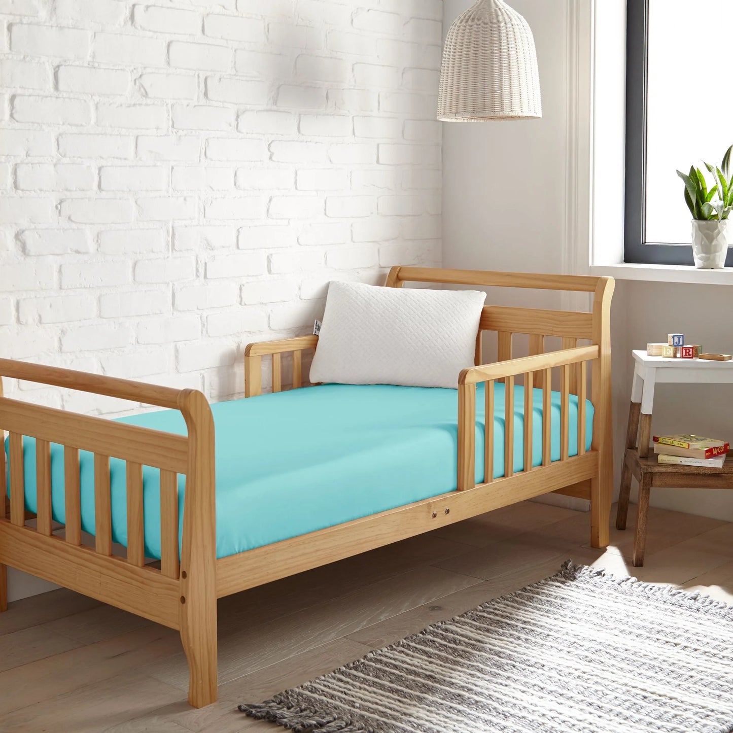 Tiffany blue crib fitted sheet on mattress, breathable bamboo cooling fabric