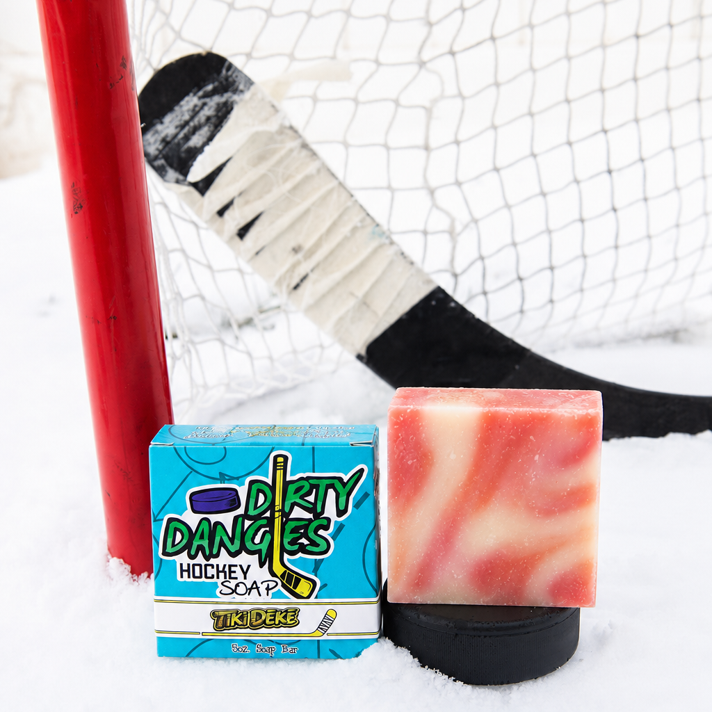 Hockey soap bar with red and white swirled block and Dirty Dangles soap box