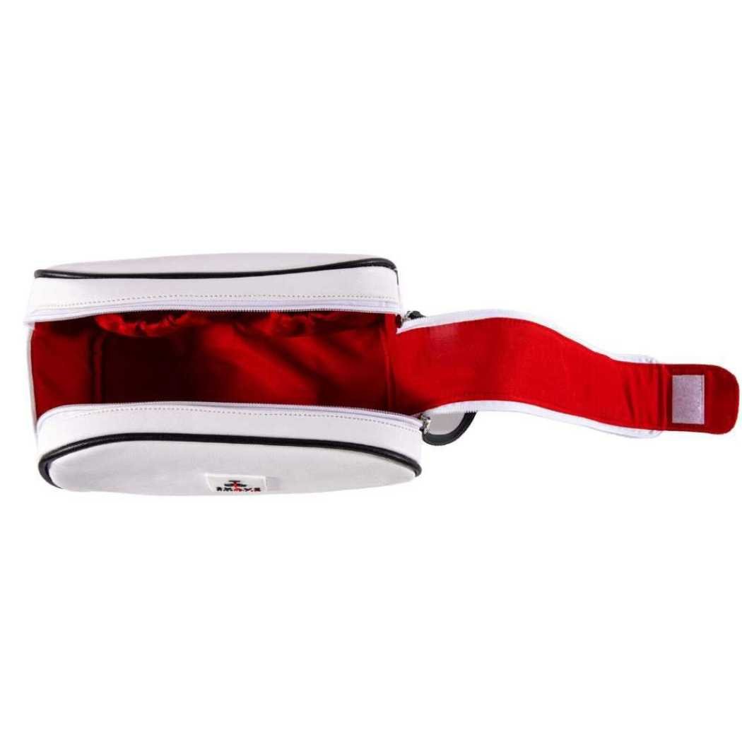 Red and white toiletry bag with black zipper, front base pocket and hanging strap