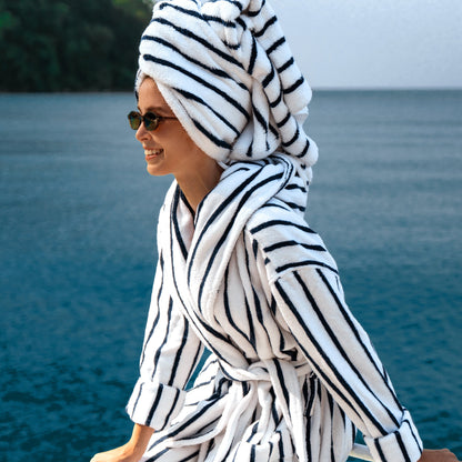 Striped cotton unisex bathrobe with hood and tie belt, long sleeves; white with blue stripes