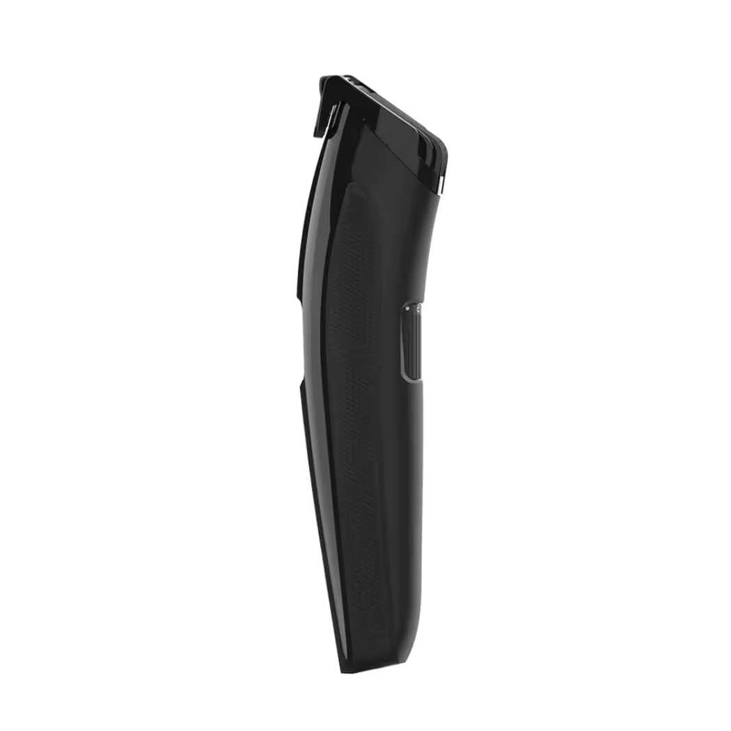 Black hair trimmer with side profile and built-in protective comb guard