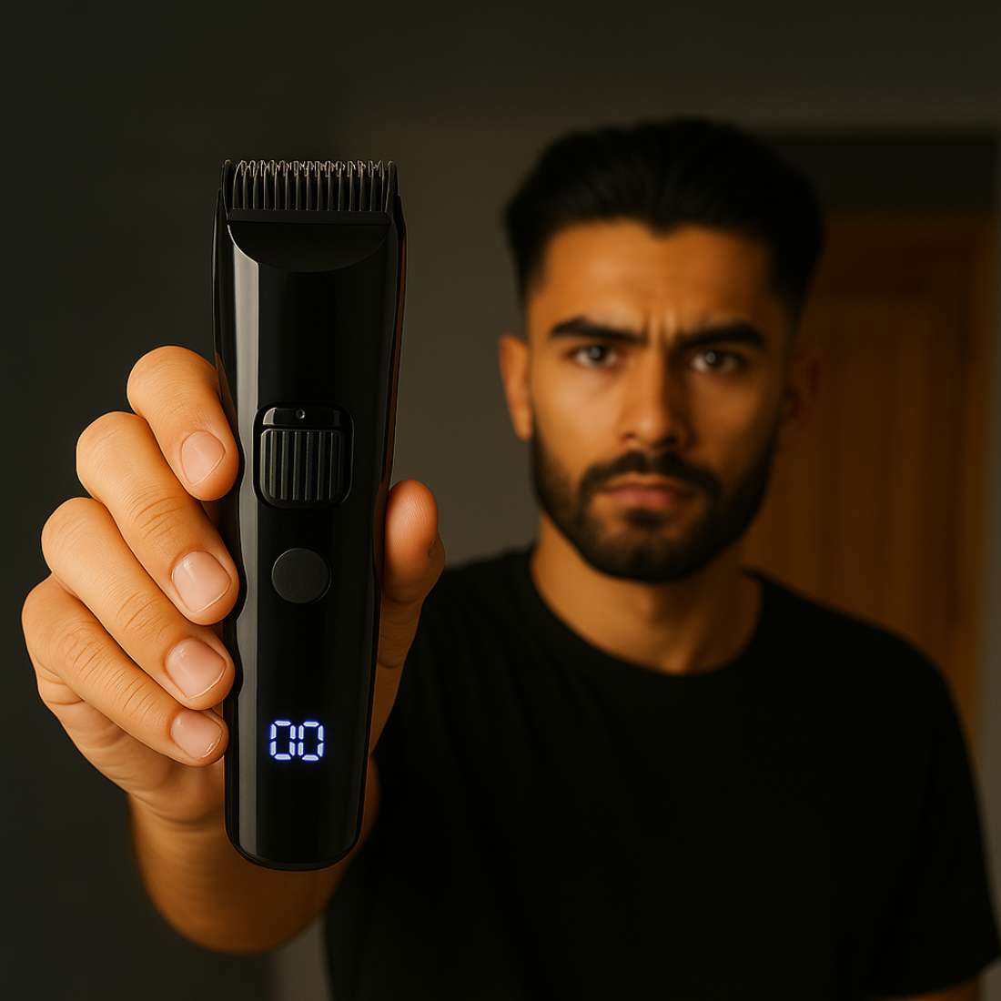 Black handheld hair trimmer with LED display and circular control button